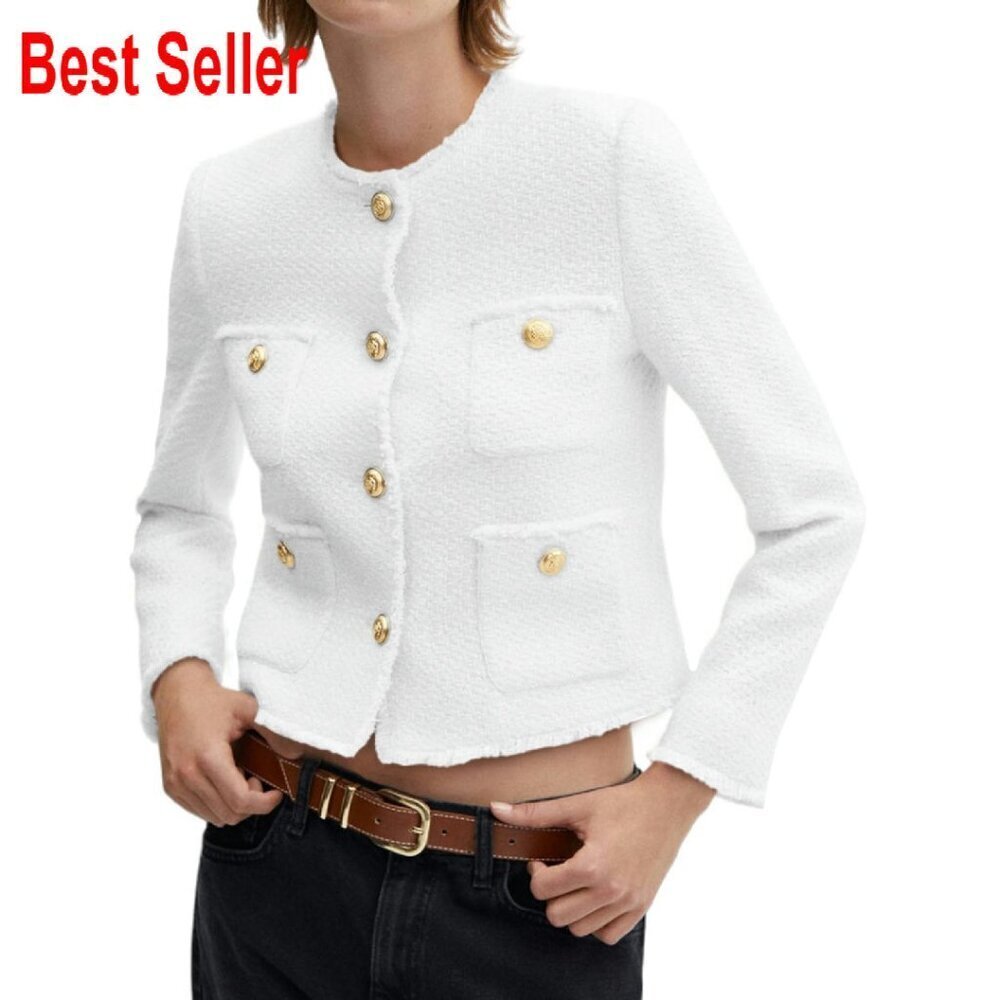 Tweed Cropped Blazer Collarless Button Down Vintage Chic Work Wear